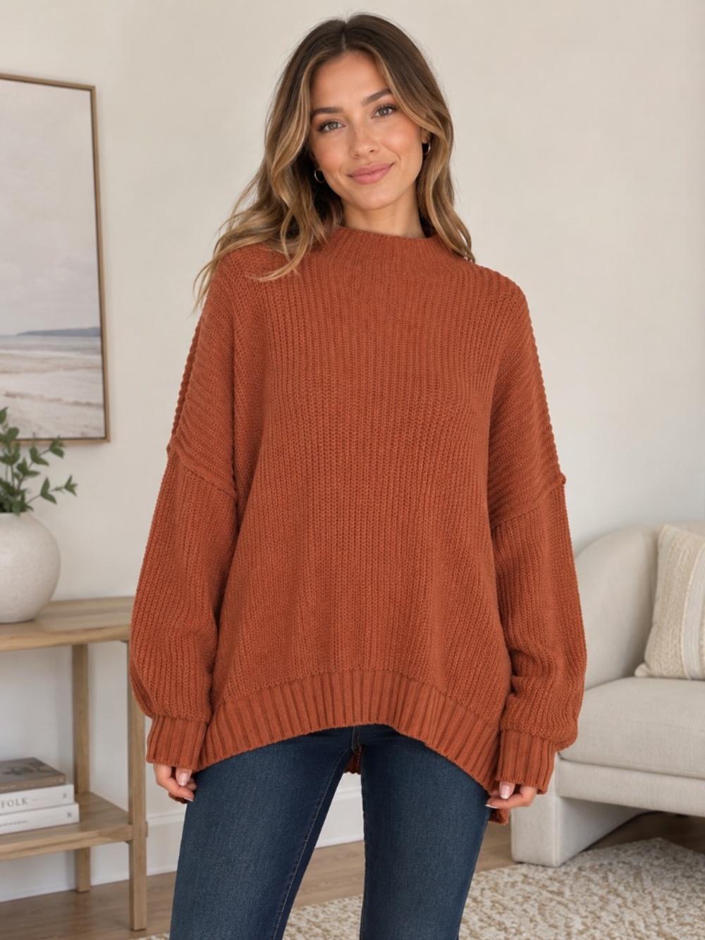 Aerie Relaxed Oversized Sweater Women’s Large Rust Mock Neck Slouchy Knit